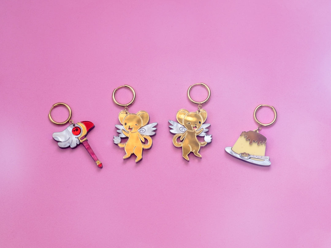Pack de pendientes de metacrilato inspirados en tu serie de anime de la infancia Sakura Cazadora de Cartas, Espejo dorado y color para dar ese toque brillante a estas joyitas