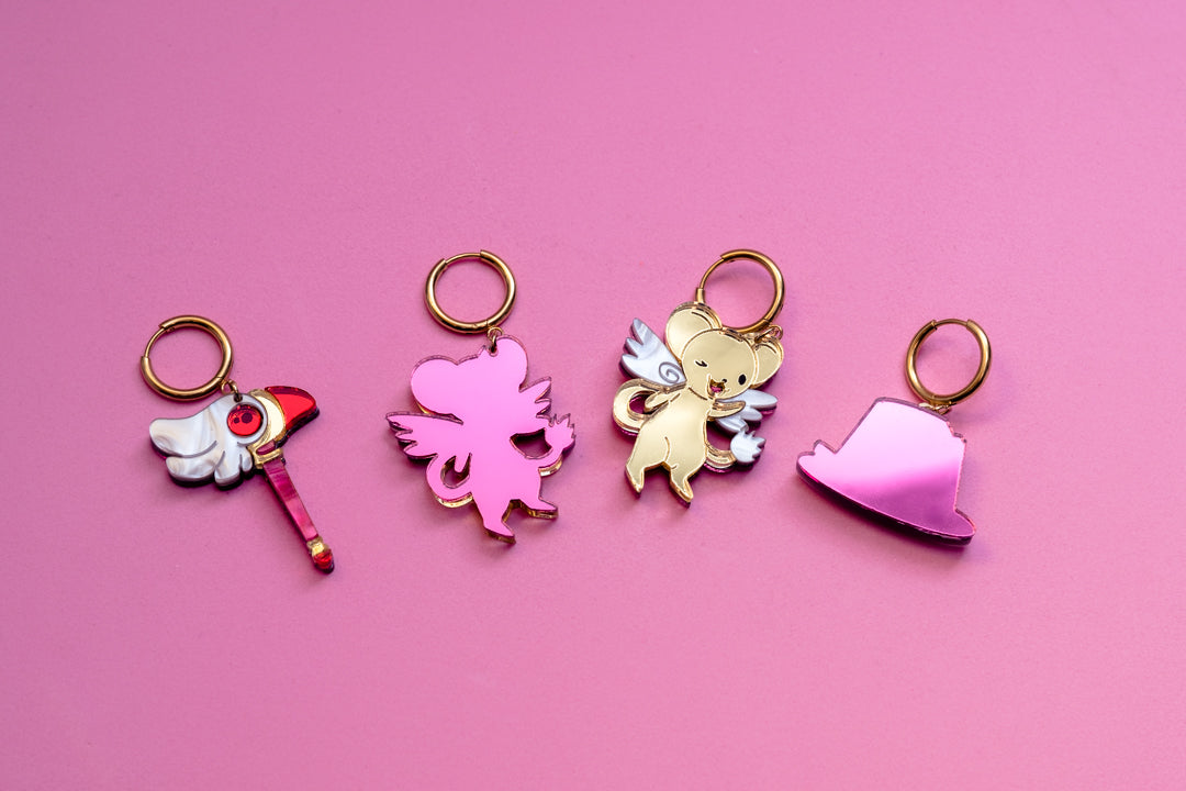 Pack de pendientes de metacrilato inspirados en tu serie de anime de la infancia Sakura Cazadora de Cartas, Espejo dorado y color para dar ese toque brillante a estas joyitas
