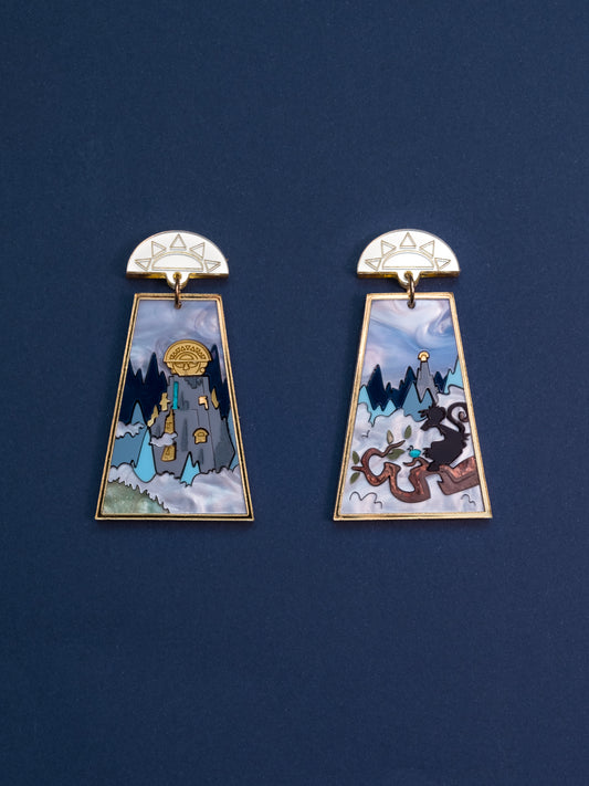 Pendientes edición especial de metacrilato, en tonos azules, blancos y dorados y con diferentes texturas para crear este modelo único