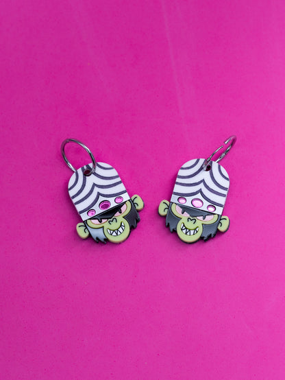 Pendientes de metacrilato inspirado en el villano principal de Las Supernenas, Mojo Jojo. Con Aros de acero inoxidable.