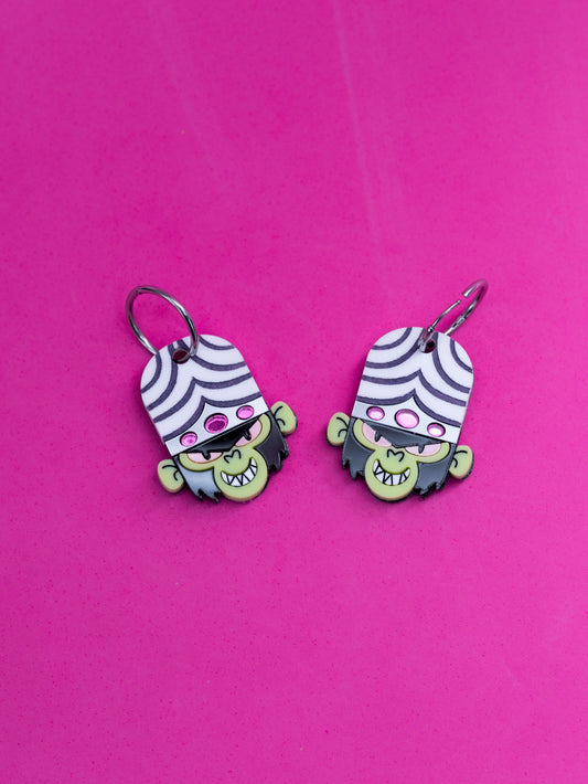 Pendientes de metacrilato inspirado en el villano principal de Las Supernenas, Mojo Jojo. Con Aros de acero inoxidable.