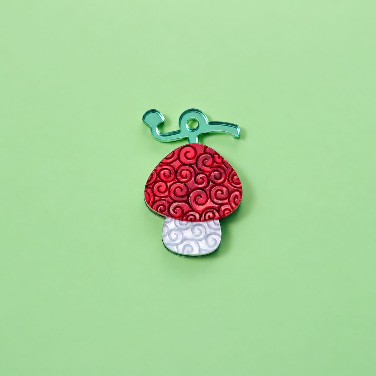 Pendientes inspirados en tu anime favorito, Nueces de belcebu o frutas del diablo hechas de metacrilato de diferentes colores, en este caso rojo y blanco y espejo verde. hito hito no mi