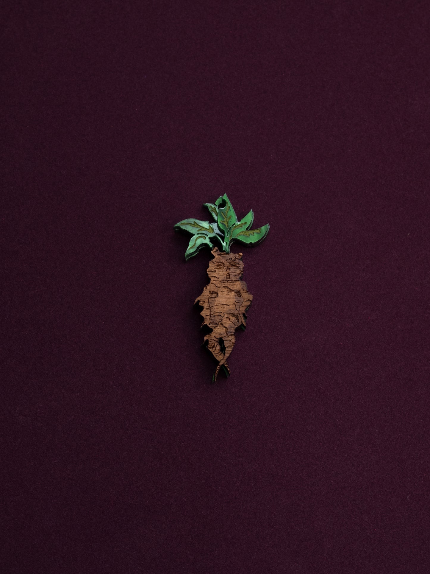 Pack de 4 pendientes de metacrilato inspirados en el mundo mágico, en este caso la mandragora hecha con metacrilato verde y madera